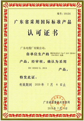 廣東省采用國(guó)際標(biāo)準(zhǔn)產(chǎn)品認(rèn)可證書(shū)(6-30kV)